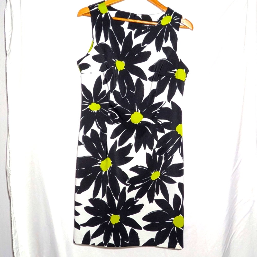 Ronnie Nicole Sunflower Shift Midi Dress Black White Green, Summer, 🌞 Size 12